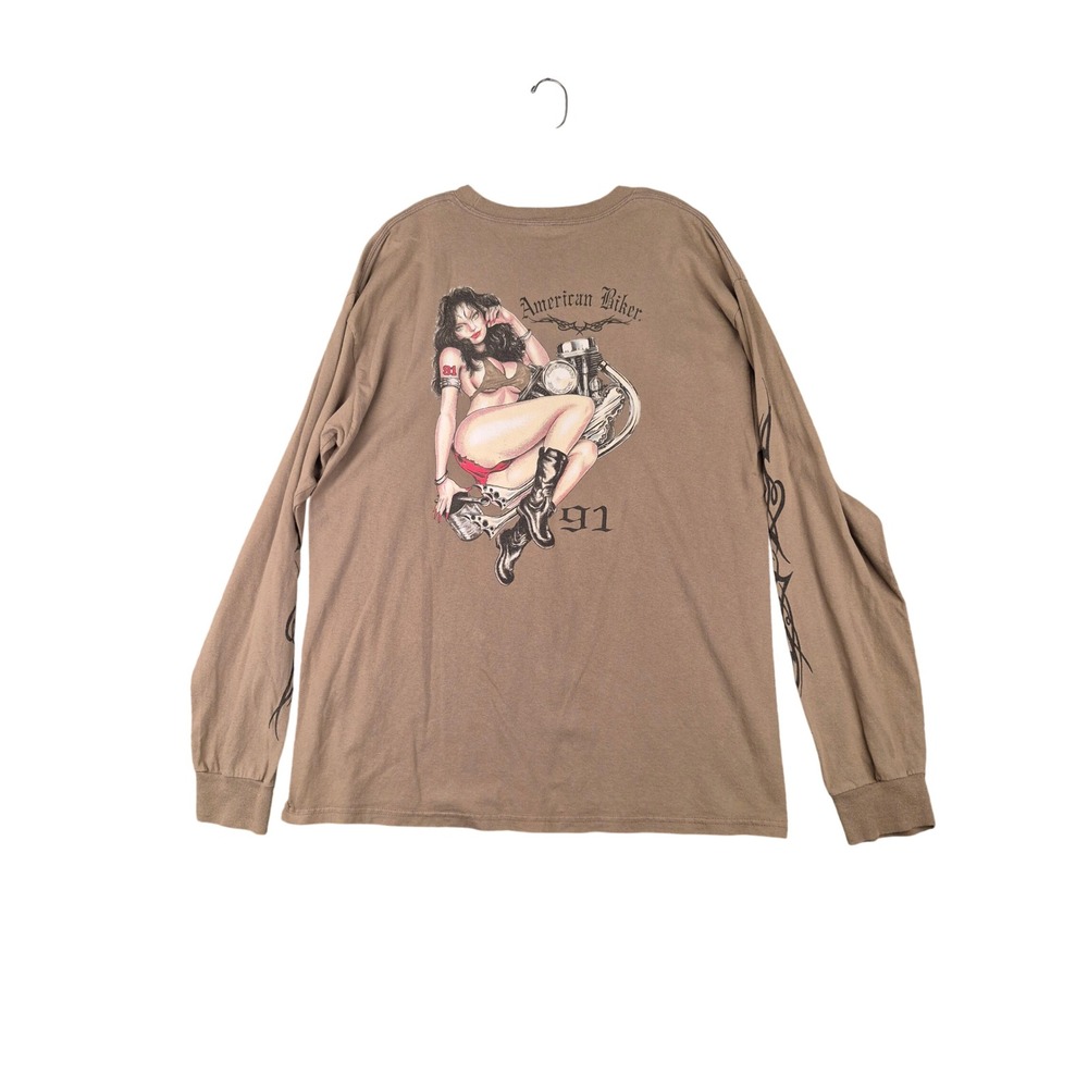 American Biker Long Sleeve Graphic T-Shirt Green Tan Pinup Girl Sleeves XXL 90s